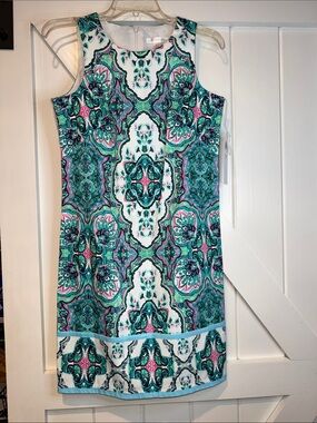 London Times Teal, Pink and White Printed Sleeveless Mini Dress